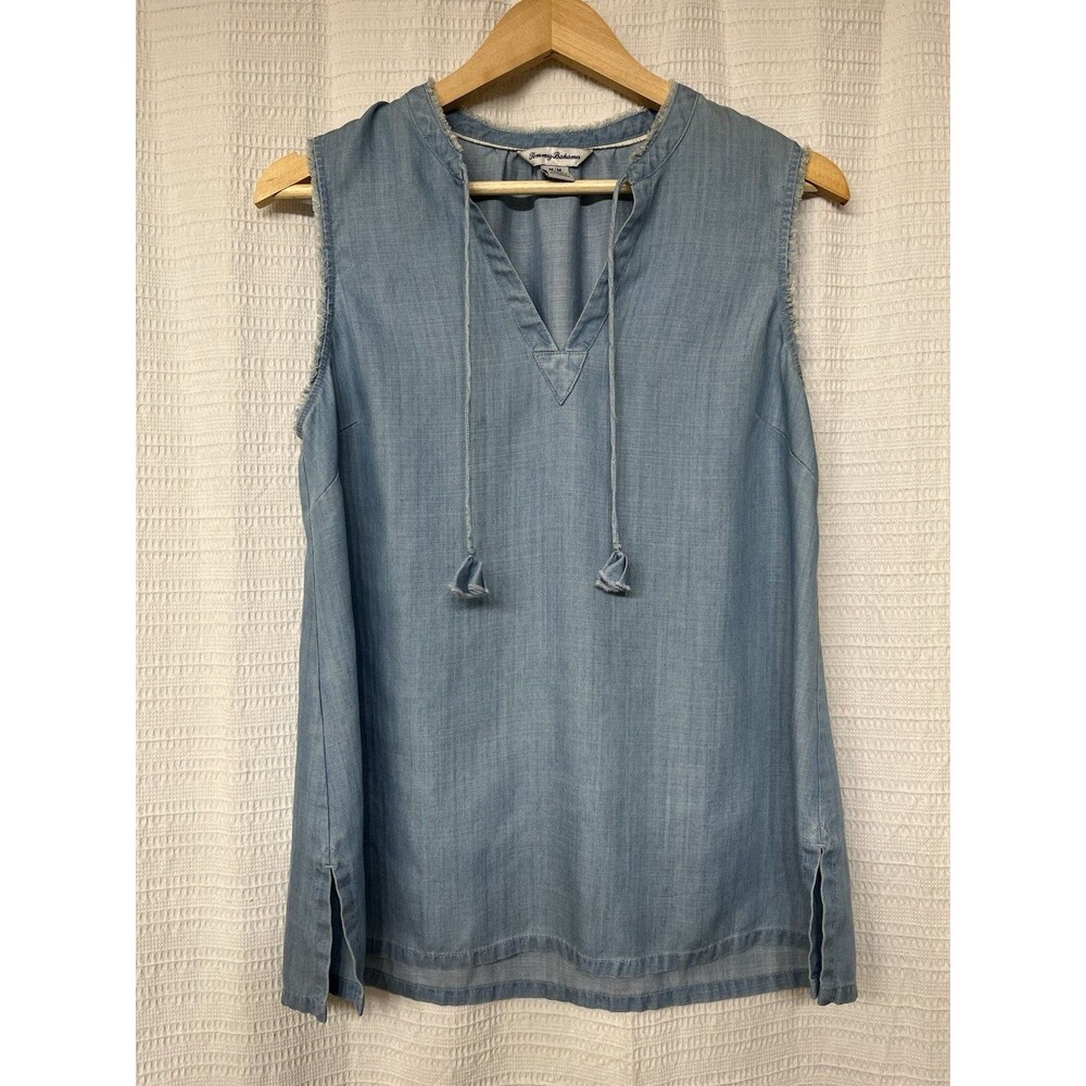Tommy Bahama Chambray Sleeveless Top M Tencel Tie Neck Frayed Edge Tassel Blue